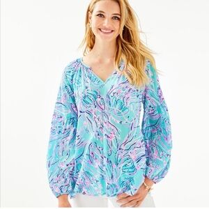 Lilly Pulitzer Winsley Lapis Lazuli Horseshoe Bayside Blue Under the Moon Blouse